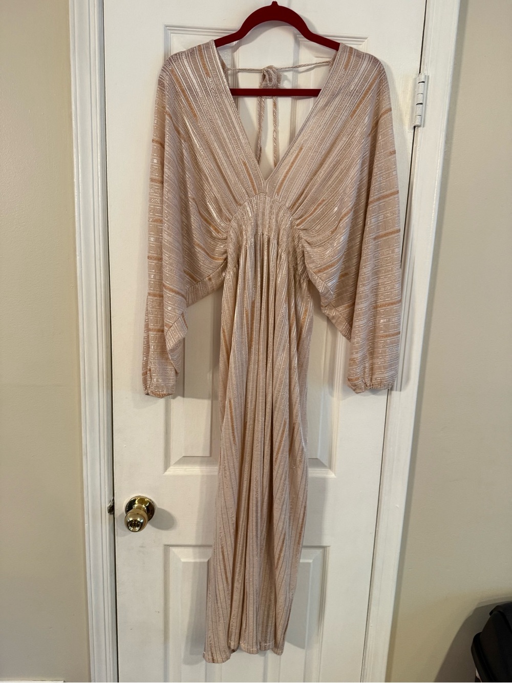 Misa Los Angeles Beige Pink Cream Striped V-Neck Jumpsuit